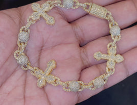 10K YELLOW GOLD 6 CARAT REAL DIAMOND 21.29 GRAMS 8 INCHES 20 MM CROSS BRACELET