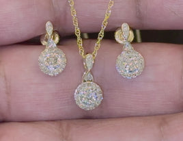 10K YELLOW GOLD .60 CARAT REAL DIAMOND EARRINGS & PENDANT NECKLACE SET WITH YELLOW GOLD CHAIN