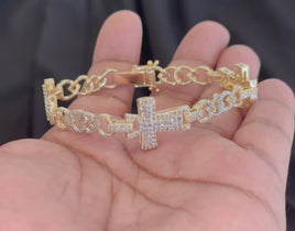 10K YELLOW GOLD 4 CARAT NATURAL DIAMOND 19.07 GRAMS 8 INCHES 16 MM CROSS BRACELET