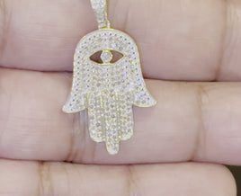 10K YELLOW GOLD .60 CARAT REAL DIAMOND 1.25 INCHES HAMSA HAND PENDANT CHARM