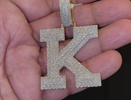 1 CARAT NATURAL DIAMONDS STERLING SILVER WITH YELLOW GOLD PLATING LARGE 2.50 INCHES LETTER K CHARM PENDANT