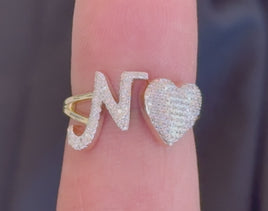 10K YELLOW GOLD .20 CARAT WOMENS NATURAL DIAMOND HEART & LETTER INITIAL N RING