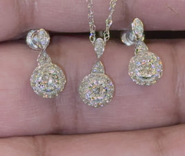 10K WHITE GOLD .60 CARAT REAL DIAMOND EARRINGS & PENDANT NECKLACE SET WITH WHITE GOLD CHAIN