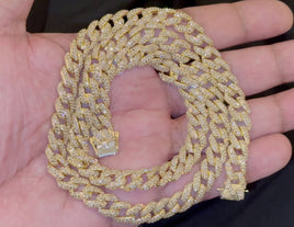 17.50 CARAT NATURAL DIAMONDS STERLING SILVER GOLD PLATED 53.40 GRAMS 22 INCHES 9 MM CUBAN LINK CHAIN NECKLACE