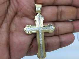 10K YELLOW GOLD .35 CARAT 2 INCH REAL DIAMOND MEN CROSS PENDANT CHARM CROSS