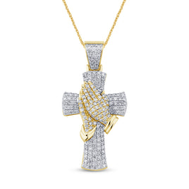 10K YELLOW GOLD 3.75 CARAT 2.25 INCHES REAL DIAMOND CROSS PRAYING HAND PENDANT CHARM CROSS