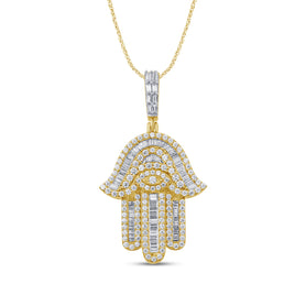 10K YELLOW GOLD 2.25 CARAT REAL DIAMOND 1.75 INCHES HAMSA HAND PENDANT CHARM