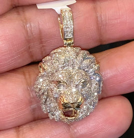 10K YELLOW GOLD 1.50 CARAT REAL DIAMOND 1.50 INCHES LION HEAD PENDANT CHARM